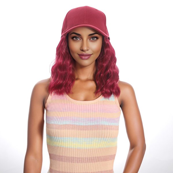 AliRobam Hat with Natural Wave hair Extensions attached for woman Baseball cap wig Short Bob Hairstyle Adjustable Wig (Red)