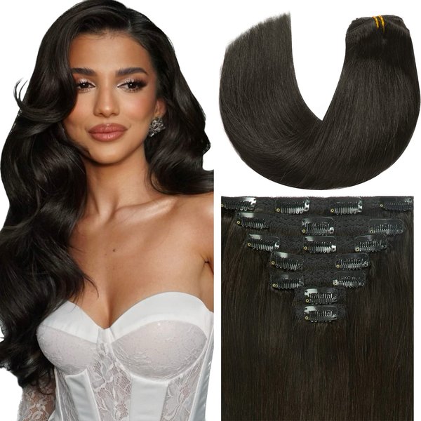 Loxxy Hair Extensions Clip in Human Hair Natural Black #1B Double Weft Brazilian Human Hair Thick Silky Straight Clip in Human Hair Extensions 16 Inch 120g