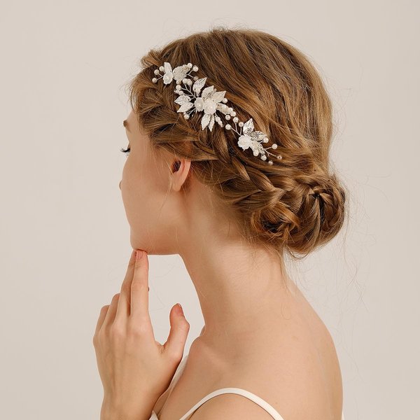 BERYUAN Women Wedding Flower Leaves Comb Pins Set Silver Gold Leaves Pearls Comb Pins Set Pearls Leaves Flower Wedding Headpiece Handmade Bridal Hairpiece for Women (SILVER)
