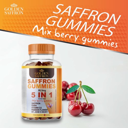 GOLDEN SAFFRON, Saffron Gummies Contains 88.5 mg. Pure Saffron Extract + GABA, Vitamin D2, Passion Flower and St. John’s Wort, for Holistic Wellness,Cherries Flavor Vegan
