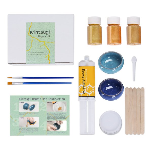 REALINN Kintsugi Repair Kit, Restore Broken Ceramics with Gold Powder & 50ml Glue, with 2pcs Practice Cups, Suitable Gift for DIY Kintsugi Repair Starters
