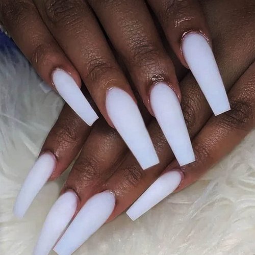 Outyua Matte White Press on Nails Coffin Long Fake Nails Solid Acrylic False Nails with Designs Cute Full Cover Nails 24Pcs (White)