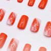 Orange Press on Nails Medium Square Fake Nails Marble Texture Glossy False Nails with Glitter Gold Foil Design Stick on Nails Full Cover Acrylic Glue on Nails for Women Girls Manicure 24Pcs
