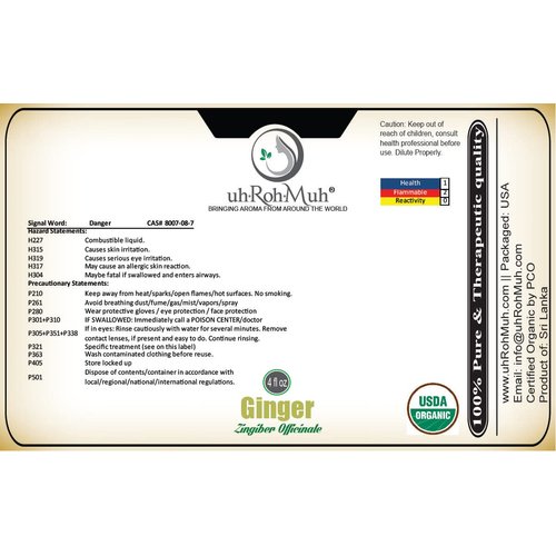 USDA Certified Organic Ginger Essential Oil || Always 100% Pure & Unadulterated || Therapeutic Quality Organic || Sri Lanka - (4oz w/Pipette)