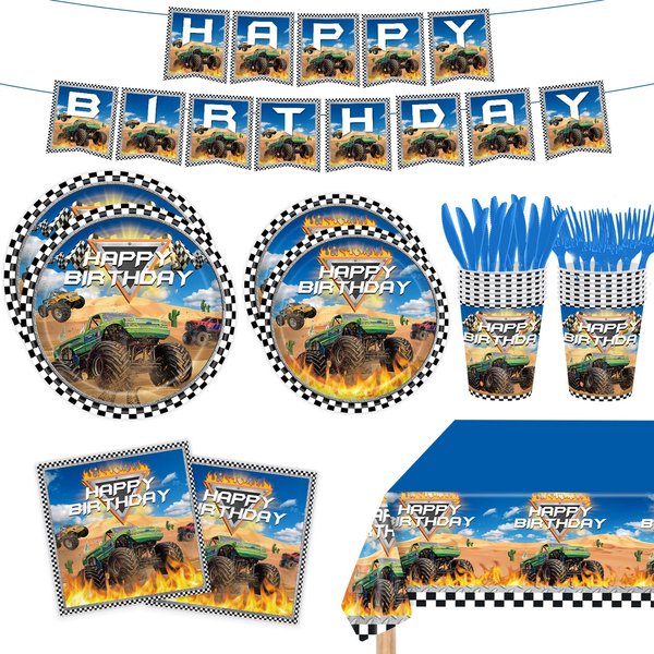122PCS Monster Truck Party Supplies for Kids Boys 1st 2nd Birthday Party Decorations Monster Car Bday Party Disposable Tableware Plates Napkin Cups Banner Tablecloth with Forks Knives Serves 20 Guests