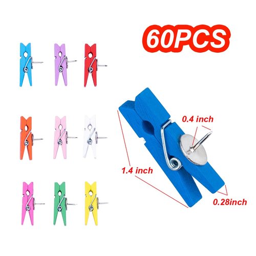 Push Pin Clips for Cork Board, 60 Pcs Colorful Push Pins with Wooden Clips Decorative Assorted Colors Thumbtack Pushpins Tacks for Bulletin Board Decorations, Artworks, Notes, Photos, Office and Home