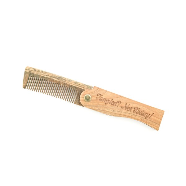 Onedor Handmade 100% Natural Green Sandalwood Fine Tooth Wooden Comb - Custom Engraved Words/Icon - For Men's Hair, Beard, and Mustache Styling - Pocket Comb With Leather Case (Folding)