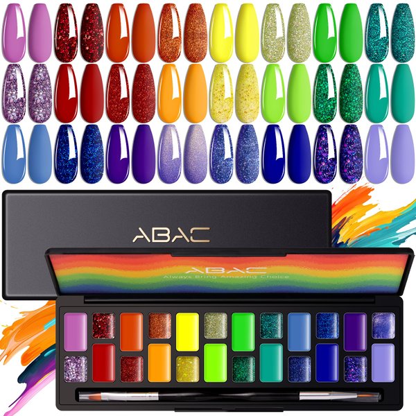 ABAC Rainbow Solid Gel Polish Set 24 Color,Hema-free Glitter Neon Gel Polish Set,Yellow Purple Blue Gel Polish Kit,Nail Kit with Double-Ended Nail Art Brush Soak Off LED Gel Nail Kit Manicure DIY Home