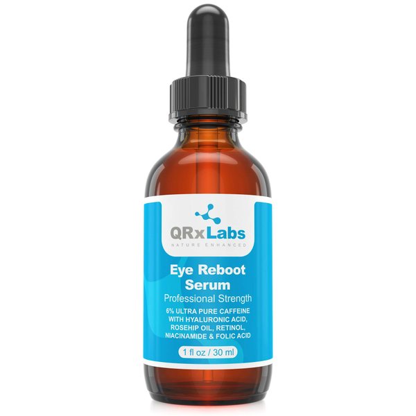 Eye Reboot Serum with 6% Caffeine, Hyaluronic Acid, Rosehip Oil, Retinol, Niacinamide & Folic Acid - Reduces Puffiness, Dark Circles, Crow Feet, Wrinkles and Fine Lines Around The Eyes - 1 oz / 30 ml