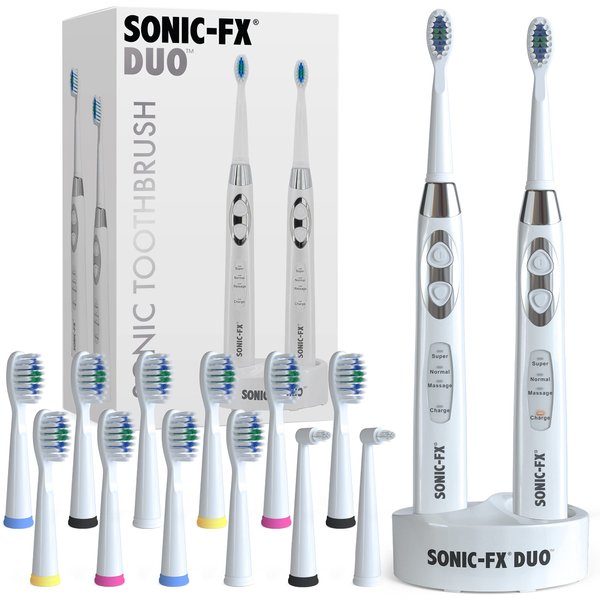 Sonic-FX Dual Electric Rechargeable Toothbrush Duo Dual Handle Sonic 3 Brushing Modes Toothbrush Set with Smart Timer for Adults and Kids with Charging Dock Brush Holder and 14 Brush Heads, White