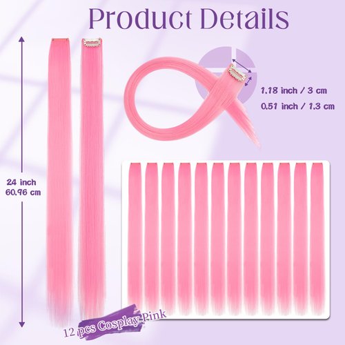 Fanguilar Colored Hair Extensions 12 PCS 24 Inch Cosplay Pink Clip in Hair Extensions Rainbow One Color Party Highlight Long Straight Synthetic Hairpiece for Women Gifts Halloween Party