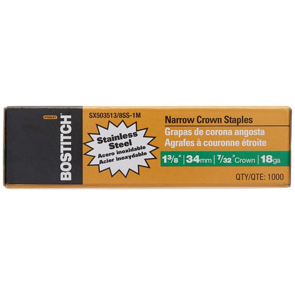 Bostitch Sx503513/8ss-1m 1-3/8"leg 18-gauge 7/32" Narrow Crown Stainless Steel Staples(1000)
