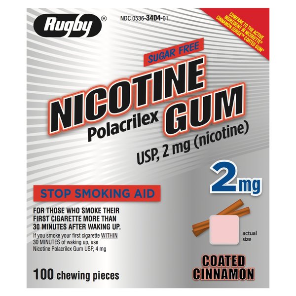 Rugby Polacrilex 2mg Nicotine Gum - Smoking and Vaping Quitting Aid - Sugar-Free - 100 Count - Coated Cinnamon Flavor