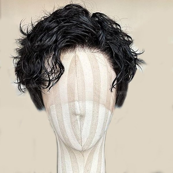 Short Pixie Cut Curly 13X6 Deep Part Lace Front Wig for Men Human Hair Natural Black Loose Curly Men Wigs Human Hair Preplucked Glueless Wig 8inch 130Density