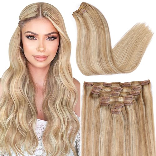 ORIGEN Clip in Hair Extensions Real Human Hair Remy Hair Extensions for Women Full Head Light Blonde Highlights Golden Blonde 120g 7 Pcs 22 Inches