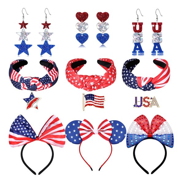 American Flag Headband 4th of July Knotted Headbands USA Star Heart Earrings Patriotic Bow Headpieces Fourth of July Brooches Pin Jewelry Accessories Gift