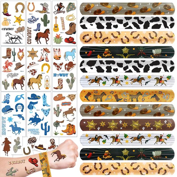 Ulmisfee 96PCS Western Cowboy Cowgirl Party Favors 72PCS Wild West Tattoos 24PCS Western Rodeo Slap Bracelets Wristbands for Yee Haw Western Wild West Country Party Decoration favors