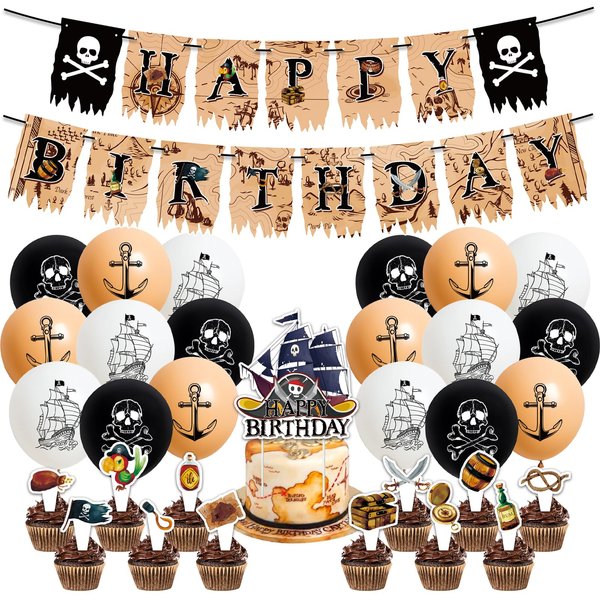 PRATYUS Pirate Birthday Decorations, Pirate Party Supplies With Birthday Banner, Cake Toppers and Latex Balloons for Kids Treasure Adventure Party Decors