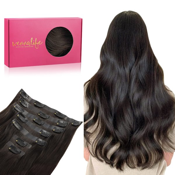 WENNALIFE Seamless Clip In Hair Extensions, 14 Inch 130g 7pcs Dark Brown Hair Extensions Clip in Human Hair Invisible PU Skin Weft Natural Remy Human Hair Extensions