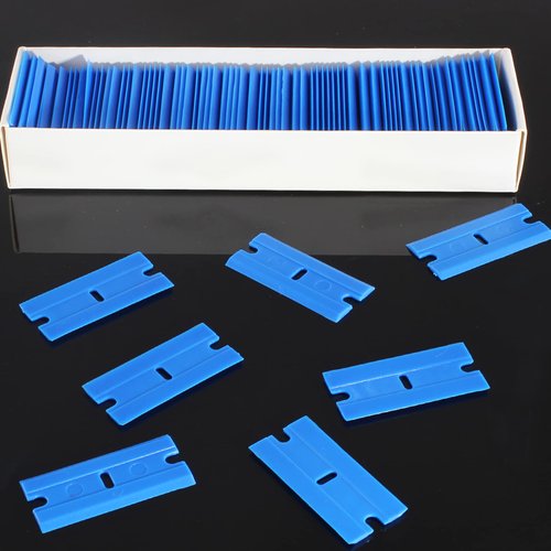 Zorveiio 200 Pcs Plastic Razor Blades Plastic Scraper Blades Double Edge Razor Blade for Removing Labels Stickers Gasket Decals on Glass Car Window - Blue