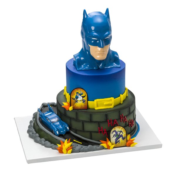 DecoSet® Batman™ to the Rescue Cake Topper, 4 Piece Cake Decoration, Includes Batman™ Case With a Hidden Fold Out Batmobile Launcher, Free Wheeling Batmobile Car, and Joker and Penguin