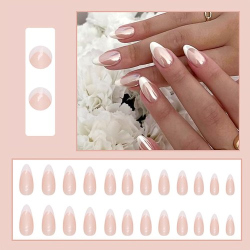 24 Pcs White French Tip Press On Nails Almond Medium Fake Nails Aurora Chrome False Nails Acrylic Glue On Nails Full Cover Stick On Nails Artificial Nails For Women Girls Manicure