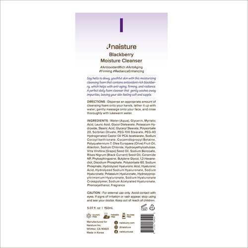 Naisture Foaming Facial Cleanser for Daily Face Wash Skincare with Hyaluronic Acid-Blackberry Moisture Cleanser 5.07 fl.oz (150 ml)