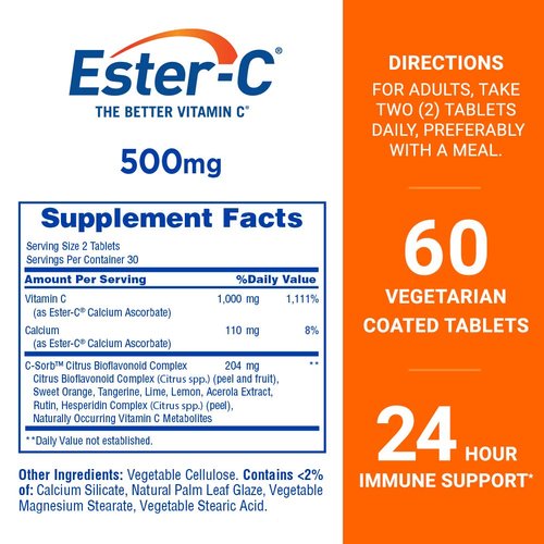Ester-C Vitamin C, 500mg Tablets, 60-Count, Unflavored (Packaging May Vary)