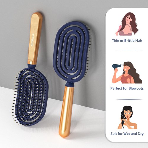 SHINLEA Speed Dry Detangler Brush, Spiral Vented Detangling Brush for Wet Hair, Metal-Infused Luxury Gold Handle, Curved Hairbrush with Massage Soft Bristles