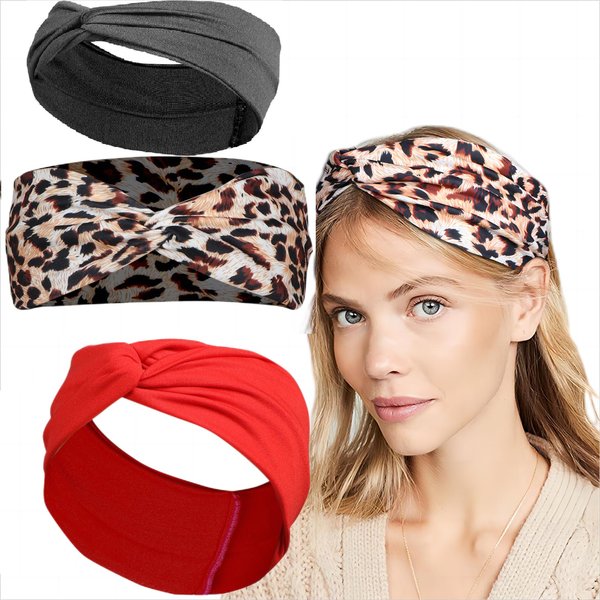 khuteluk HeadBands for Women Men - 3 Pack Spa headbands for Washing Face Knotted Headband with Black, Red Leopard print