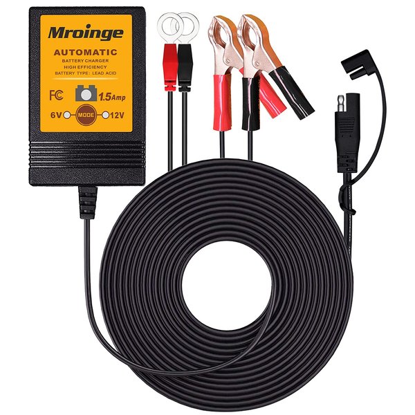 Mroinge MBC015, 6V / 12V 1.5A Fully Automatic Trickle Battery Charger/Maintainer for Automotive Vehicle Motorcycle Lawn Mower ATV RV Powersport Boat, Sealed Deep-Cycle AGM Gel Cell Lead Acid Batteries