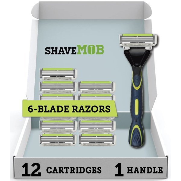 ShaveMOB 6-Blade Men's Razor Kit (Flex Head Handle + 12 Refills) - The Caveman Shaving Kit