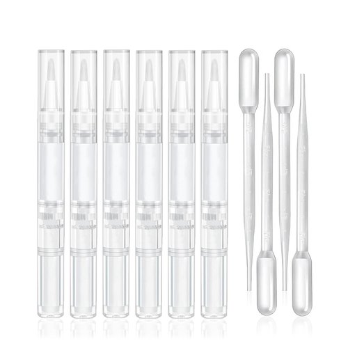 uadbau 6 Pcs 3ml Empty Cuticle Oil Pen with 4 Pcs Transfer Pipettes - Transparent Nail Oil Twist Pens with Brush Tip for Nail Oil, Eyelash Growth Liquid, Cosmetic Lip Gloss Container Applicators