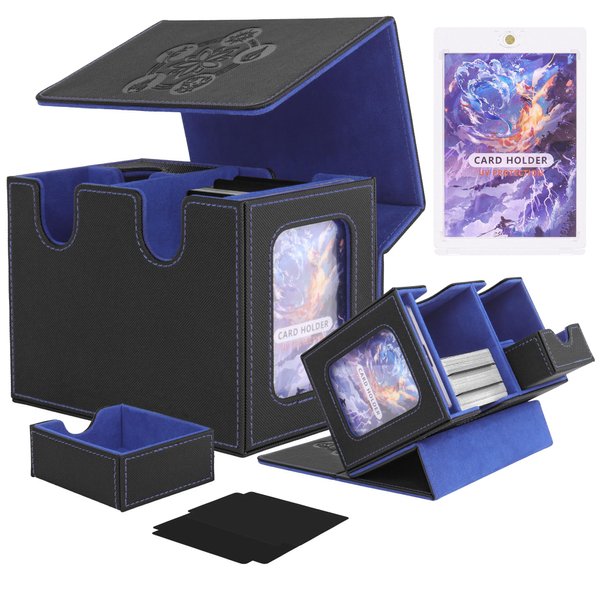 YAXAZA MTG Deck Box with Commander Display Window, Fits 200+ Double-Sleeved Cards, Strong Magnetic PU Leather Card Deck Case, with 2 Dividers, 1 Toploader, andDice Tray (Black & Blue)