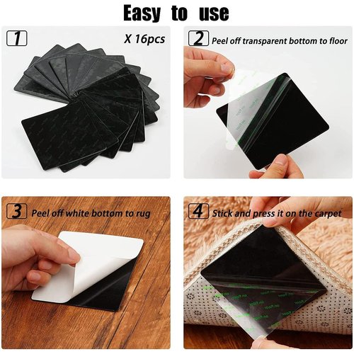GDLCYYDS Class7 16 PCS Grippers of Rug Pad, Non-Slip Carpet Gripper for Hardwood Floors and Tile, Reusable and Washable Area Carpet Tape, Double-Sided Adhesive Pads, Keeps Corners Flat