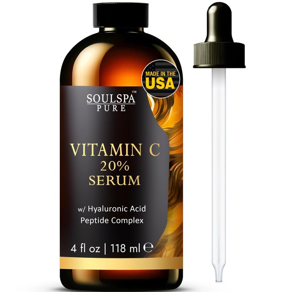 SOULSPA PURE Vitamin C Serum for Face - Enhanced with Hyaluronic Acid & Peptides - Best Vitamin C Face Serum for Hydration - Anti-Aging Facial Serum, 4 fl oz