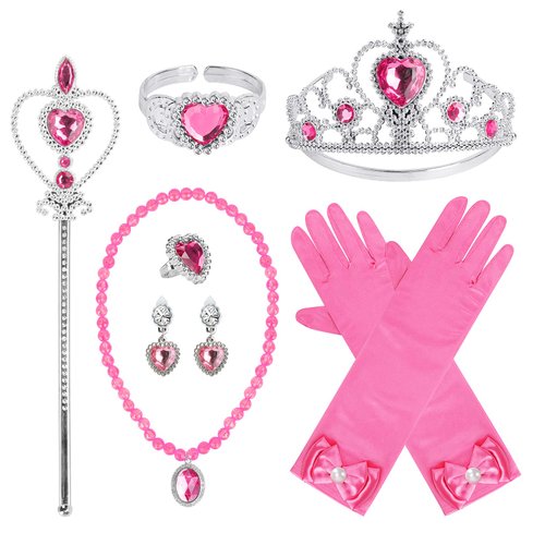 Princess Dress Up Party Accessories for Princess Costume Gloves Tiara Wand Necklace Earrings Bracelet and Ring Gift Set 9pcs (Rose, Set of 7, 9pcs)