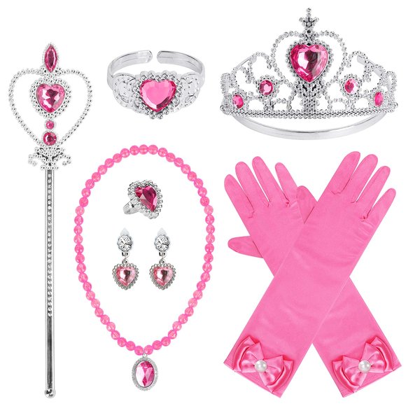 Princess Dress Up Party Accessories for Princess Costume Gloves Tiara Wand Necklace Earrings Bracelet and Ring Gift Set 9pcs (Rose, Set of 7, 9pcs)