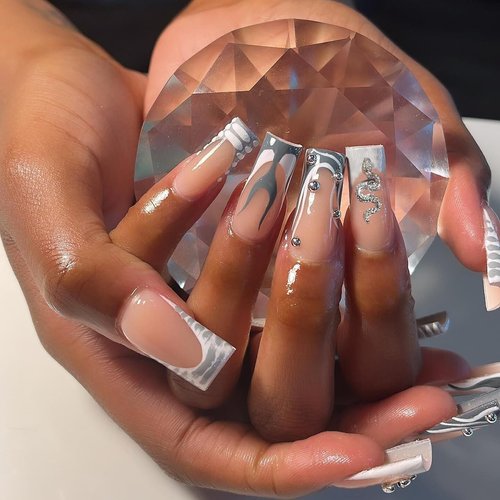 IMSOHOT Square Press on Nails Long French Tips Fake Nails Silver Flame False Nails with Metal Snake Charms Designs Rhinestone Full Cover Acrylic Nails Glossy Glue on Nails for Women 24Pcs