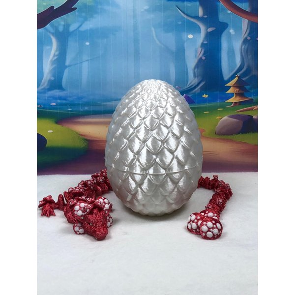 3D Printed Dragon with Dragon Egg, 12" Red and White Mushroom Dragon, Fidget ADHD Autism Toy, Executive Desk Toy D037-WE