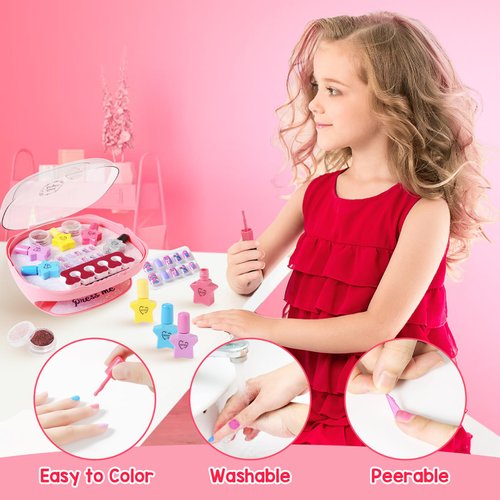 Girls Nail Polish Set, Toys for Girls Age 5 6 7 8 9 10, Nail Care Kit with Nail Polish, Nail Dryer, Fake Nails, nail Glitter, Nail Filer and Toe Separator, Ideal Birthday Gifts for Girls 5-8