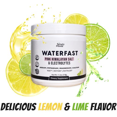 Simply Primal WATERFAST Keto Electrolyte Powder for Fasting and Hydration - Lemon Lime Flavor | Pink Himalayan Salt (Sodium), Potassium, Magnesium, Calcium | Sugar Free, Gluten Free, Soy Free