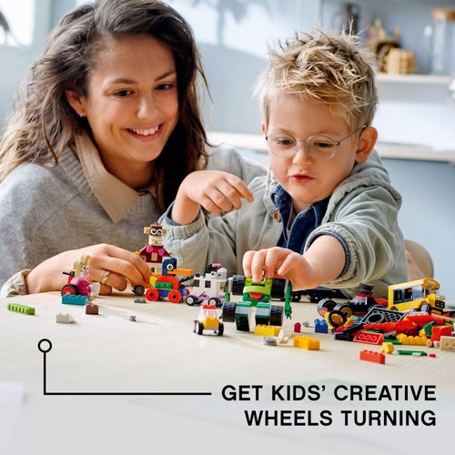 LEGO Classic Bricks and Wheels 11014 Building Kit, Includes a Toy Car, Train, Bus, Robot, Skateboarding Zebra, Race Car, Bunny in a Wheelchair, Pull-Along Duck and a Monkey on a Banana Skateboard