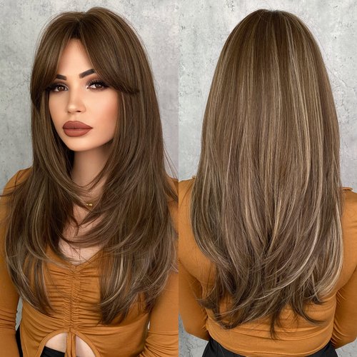 7JHH WIGS Honey Blonde Wig with Bangs Long Brown Wigs for Women,Layered Heat Resistant Synthetic Wigs for Daily Use