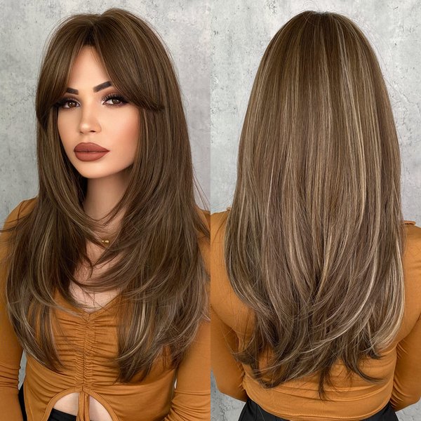 7JHH WIGS Honey Blonde Wig with Bangs Long Brown Wigs for Women,Layered Heat Resistant Synthetic Wigs for Daily Use