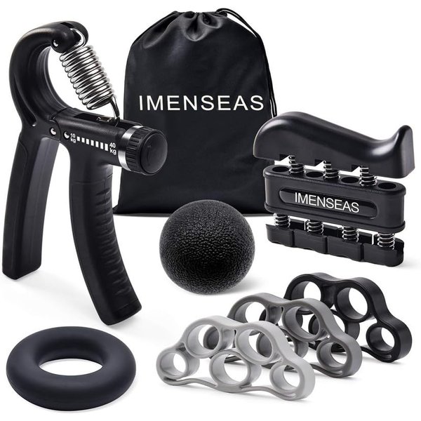 IMENSEAS Grip Strength Trainer 7 Pack Adjustable Hand Gripper, Finger Stretcher Resistance Extensor Bands, Finger Exerciser, Grip Strength Ring & Stress Relief Ball, Hand Grip Strengthener, Black