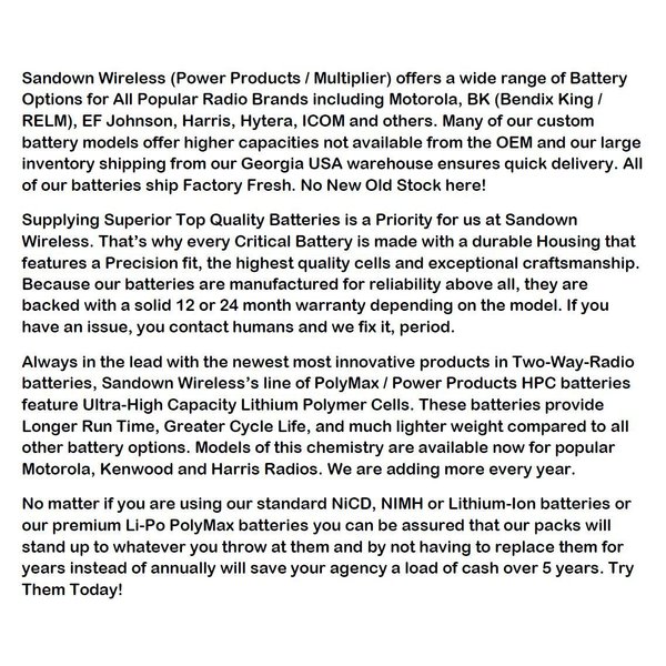 Sandown Wireless Premium Max Capacity Replacement Battery for: Motorola Saber/Astro Saber / MX1000 / MX2000 / MX3000 / 2700 mAh, NIMH, No Higher Capacity Available from The O.E.M.