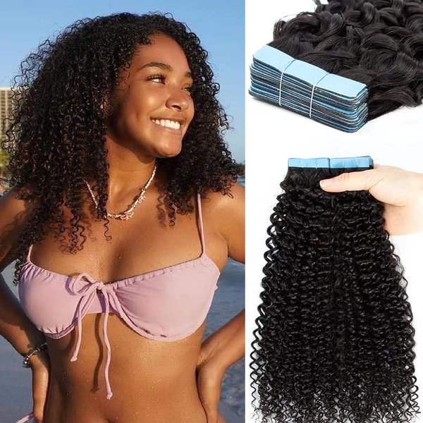 Urbeauty 40 Pcs Tape in Hair Extensions Human Hair Black Women Seamless Kinky Curly Tape on Hair Extensions with Invisible Tape Attached Semi Permanent Tape on Natural Hair 16 Inch