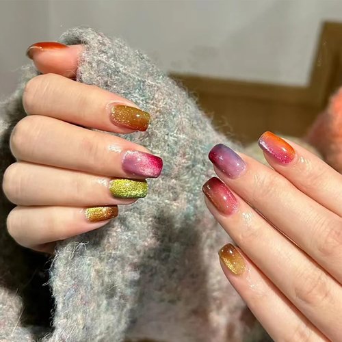24Pcs Cat Press on Nails Short Fake Nails Cute Glue on Nails Full Cover Acrylic Nails Rainbow Cat Eye False Nails Glossy Stick on Nails Reusable Artificial Nails for Women Girls Manicure Decor