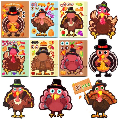 24 Sheets Thanksgiving Make-A-Turkey Stickers for Kids, Thanksgiving Crafts DIY Party Favors, Fall Goodie Bag Stuffers Friendsgiving Gifts Activities Decorations Stickers Classroom Prizes/Games/Toys